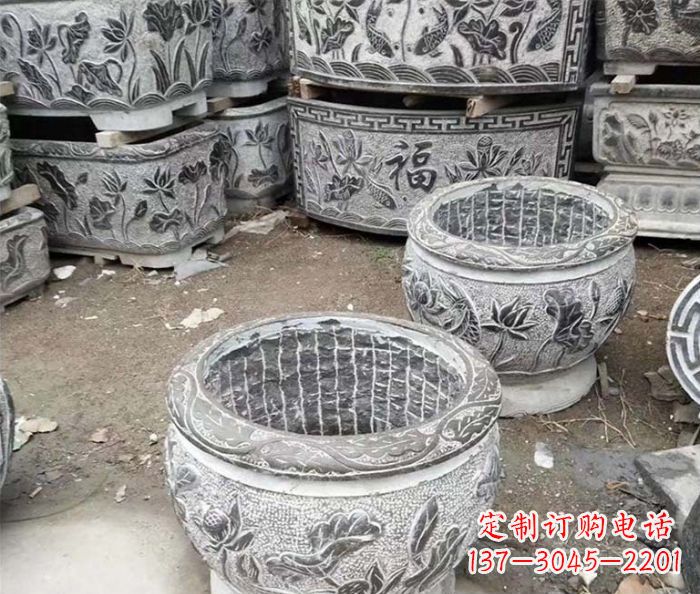 绍兴仿古荷花石浮雕水缸塑像