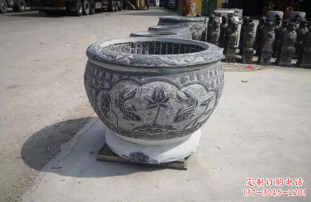 绍兴仿古石水缸荷花鲤鱼石雕