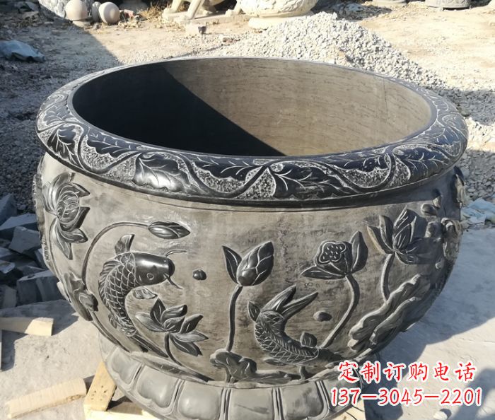 绍兴青石仿古雕塑荷花水缸