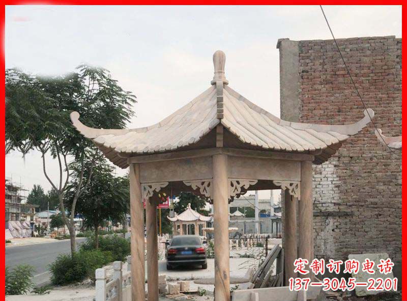 绍兴公园晚霞红六角石凉亭雕塑