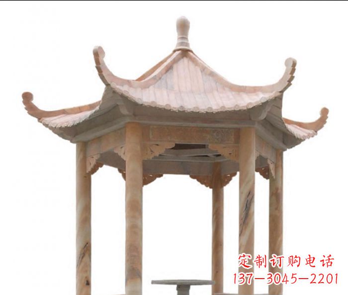 绍兴美丽而优雅的公园晚霞红六角石凉亭雕塑