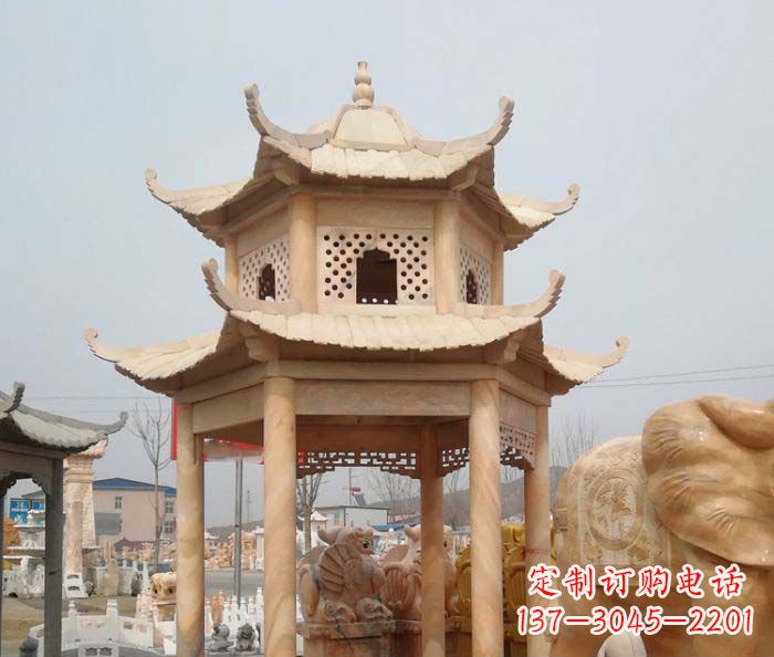 绍兴红双层六角石凉亭雕塑
