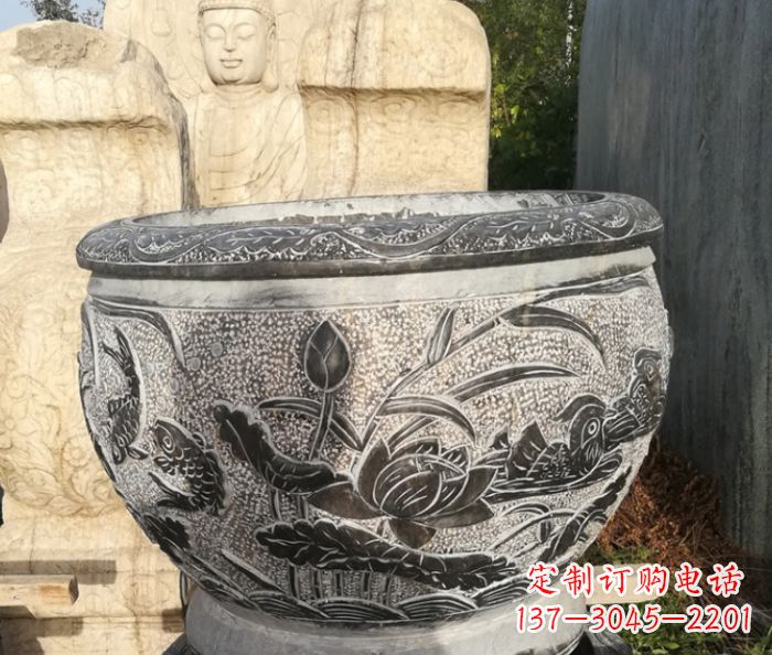绍兴室内装饰用鸳鸯荷花浮雕水缸
