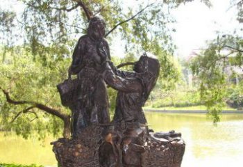 绍兴温馨铜雕公园里喂母亲吃荔枝的女孩