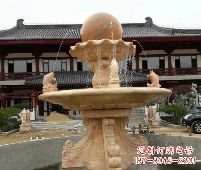 绍兴双层风水球喷泉晚霞红石雕