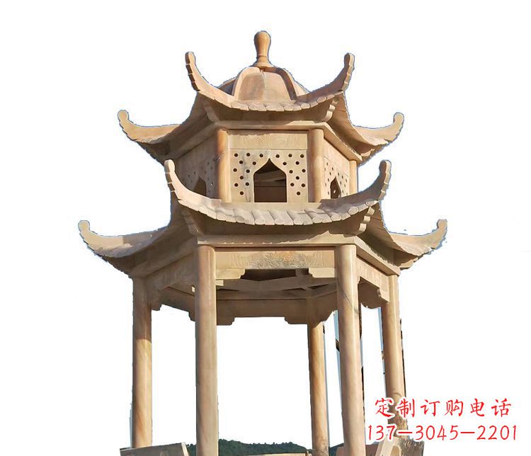 绍兴双层晚霞红凉亭石雕 (2)