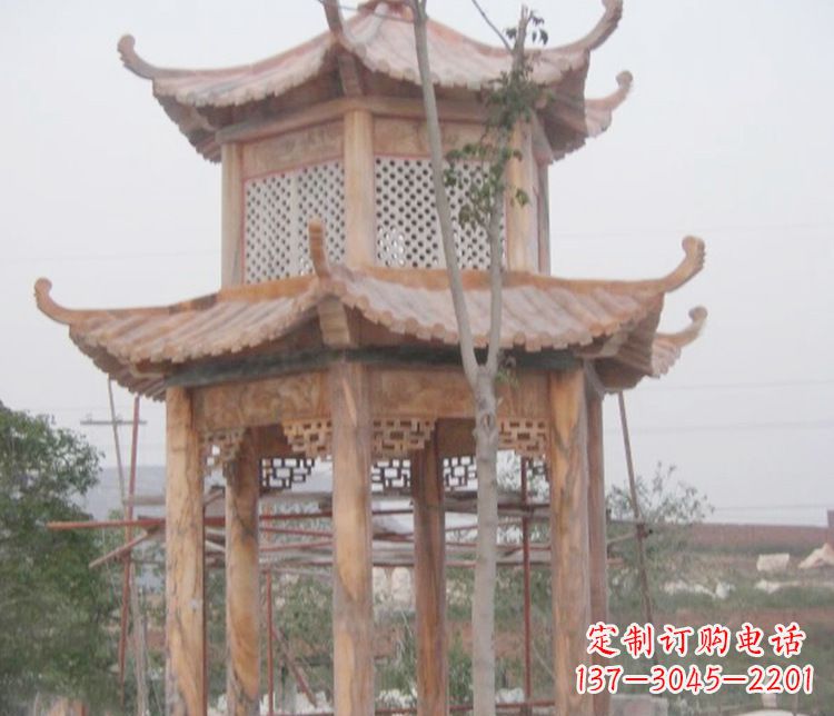 绍兴双层晚霞红石凉亭石雕 (2)