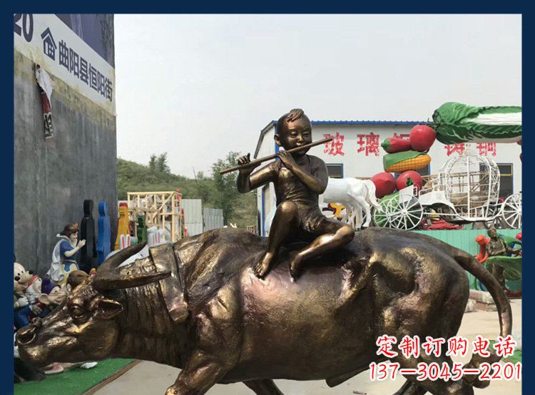 绍兴田园铜雕木头骑黄牛动物雕塑