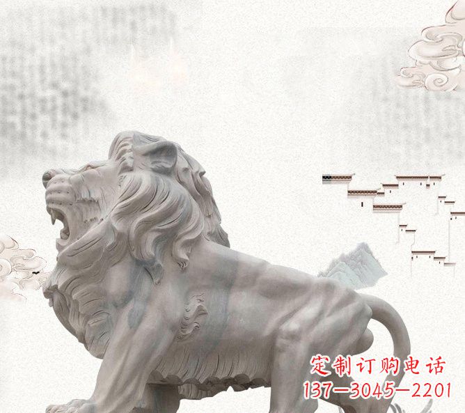 绍兴晚霞红公园动物仿真狮子石雕