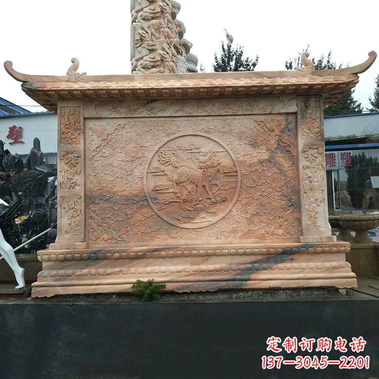 绍兴晚霞红麒麟影壁墙石雕