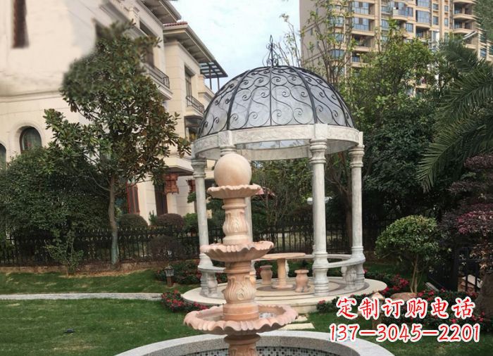 绍兴晚霞红三层风水球喷泉小区石雕