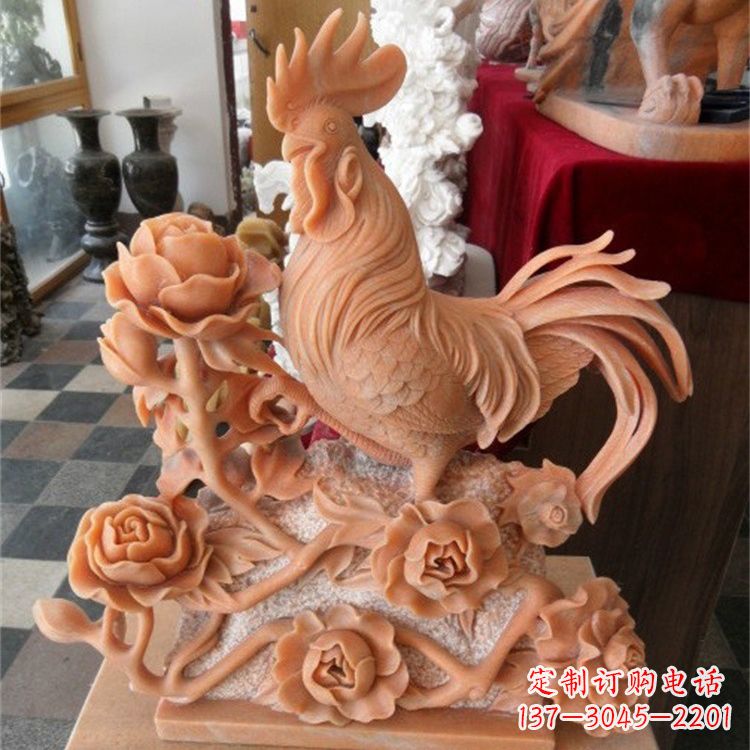绍兴晚霞红石雕公鸡雕塑