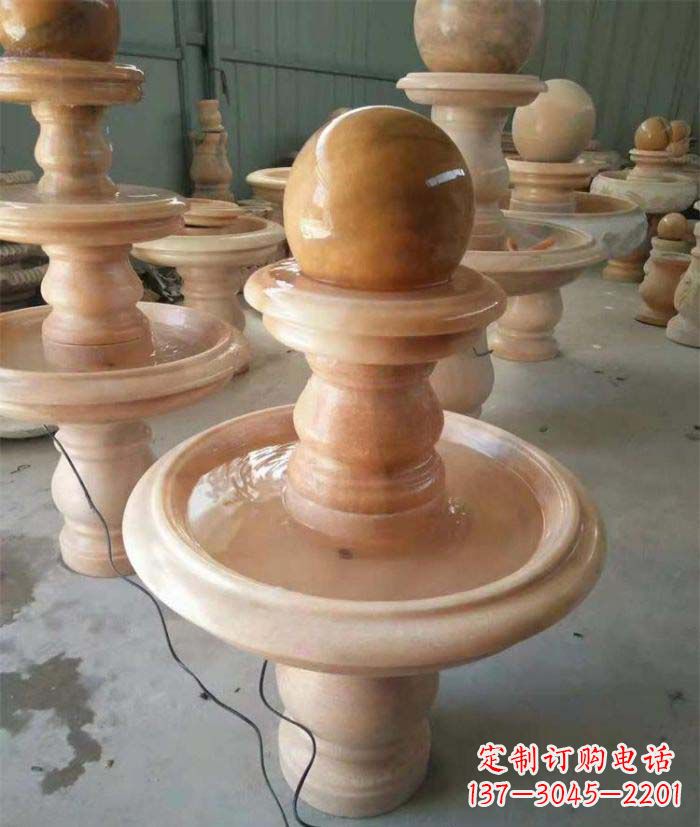 绍兴晚霞红双层风水球别墅喷泉石雕