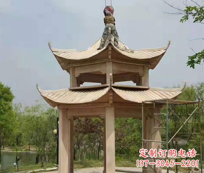 绍兴晚霞红双层凉亭石雕 (2)