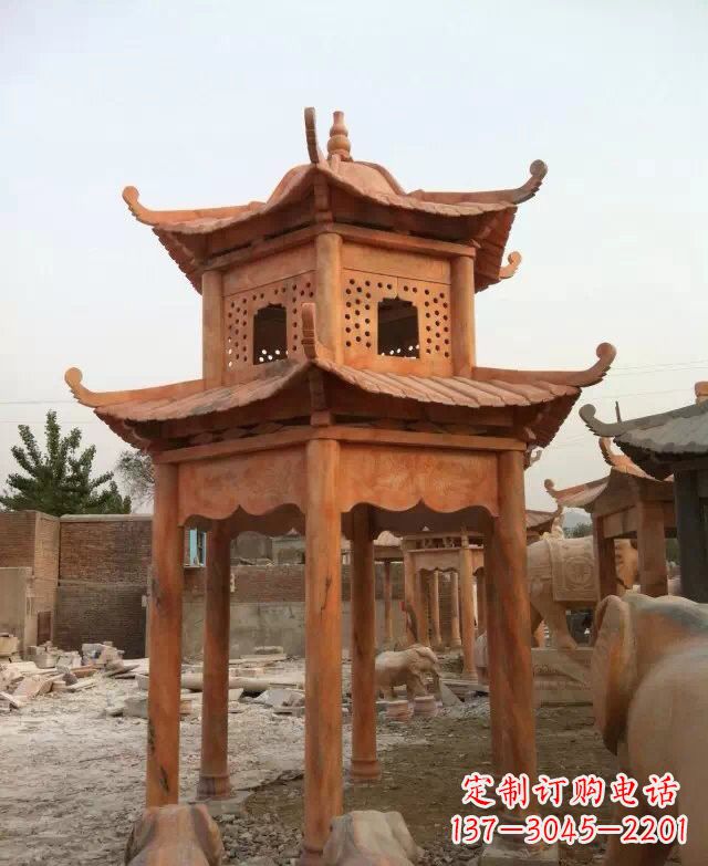 绍兴晚霞红双层凉亭石雕