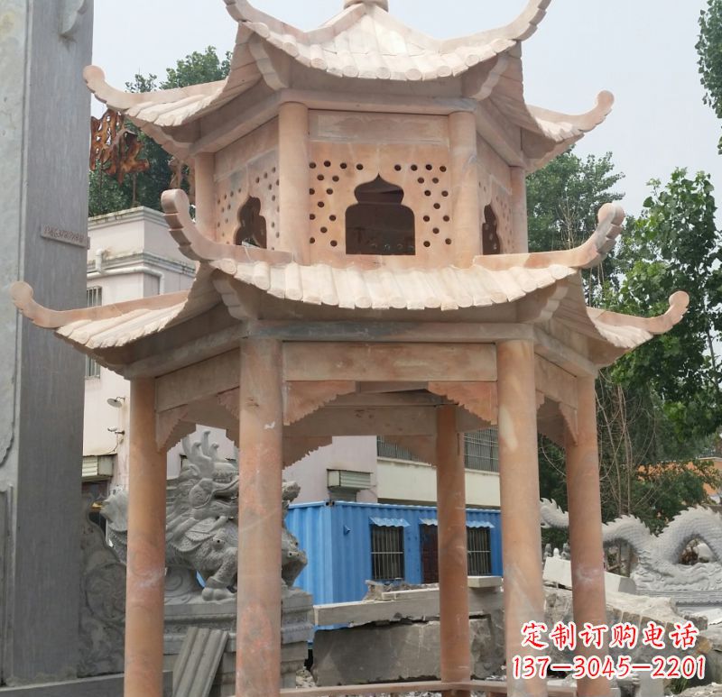 绍兴晚霞红双层六角凉亭石雕 (2)
