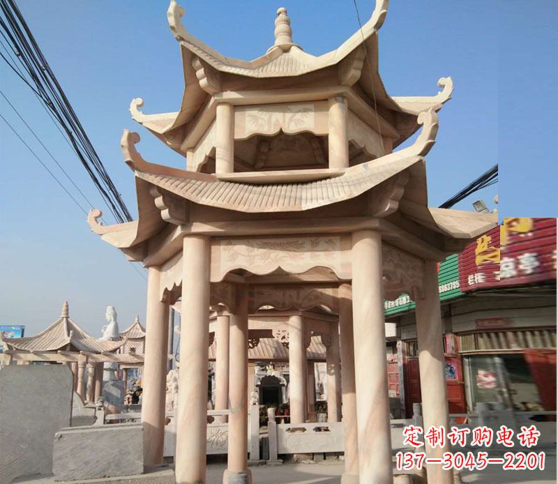 绍兴晚霞红双层六角凉亭石雕 (3)