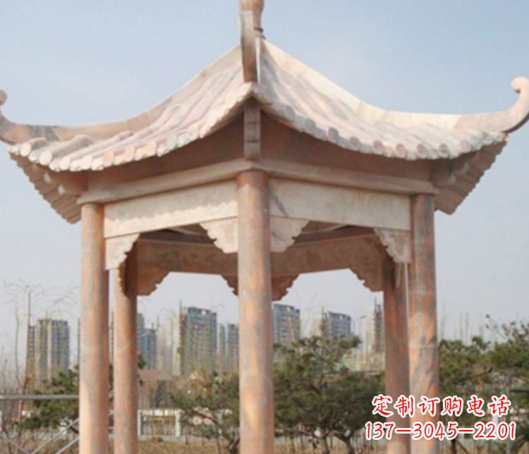 绍兴园林晚霞红六角石凉亭景观石雕