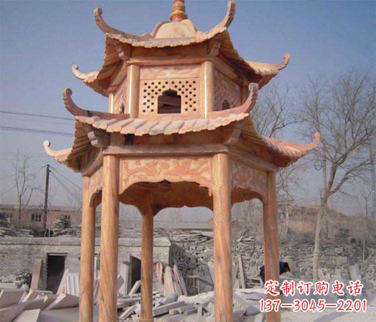 绍兴园林晚霞红石凉亭景观石雕