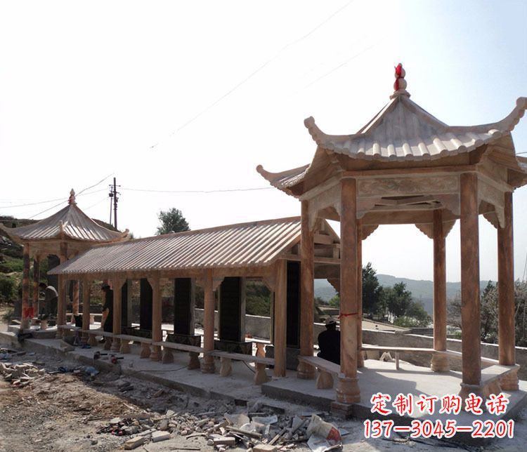绍兴园林晚霞红长廊凉亭景观石雕