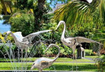 绍兴仙鹤雕塑-公园池塘不锈钢喷泉中的仙鹤雕塑